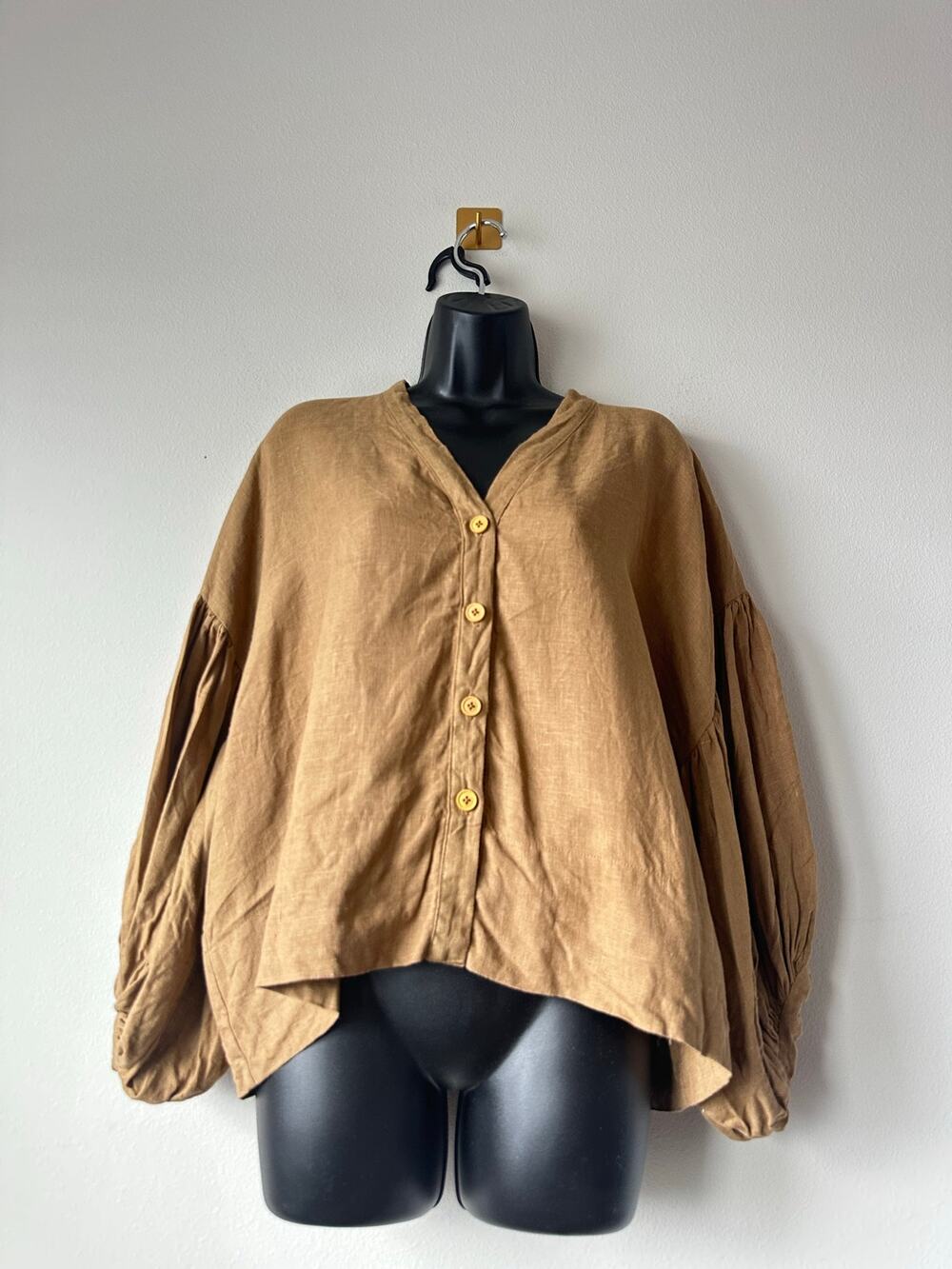 Oversized Brown Linen Look Balloon Sleeve Blouse Cottagecore Lagenlook XL